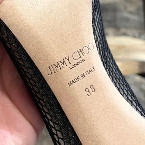 Jimmy Choo Black Patent Romy Mesh 100 Pumps - Picture 9 of 11